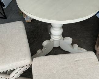 Round Pedestal Dining Table with Upholstered X-Base Stools
