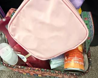 Pink Satin Cosmetic Bag and Assorted Items in Decorative Basket with Heirloom Pumpkin & Star Anise Candle and Breeze Emotion Spray