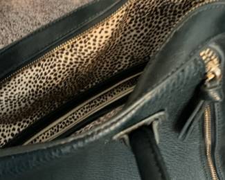 Black Pebbled Leather Satchel Handbag with Leopard Print Lining