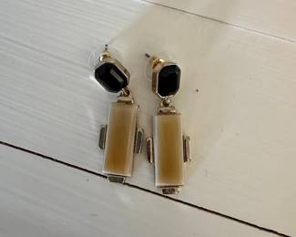 Art Deco Style Drop Earrings with Black Onyx and Cream Enamel