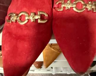 Red Suede Mules with Gold Horsebit Detail