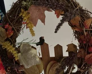 Autumn Harvest Grapevine Wreath with Pumpkins and Bird