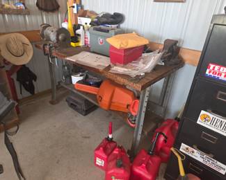 Gas cans, saws, file cabinets 