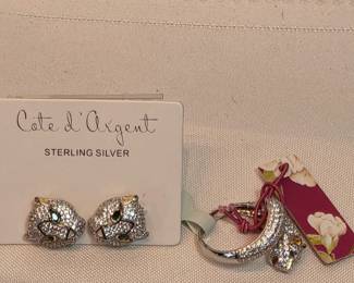 Sterling Silver Cats Earrings And Ring Size 8