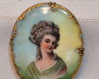 Antique Portrait Painted Brooch