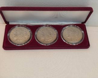 Three 1921 Morgan Silver Dollars In Case