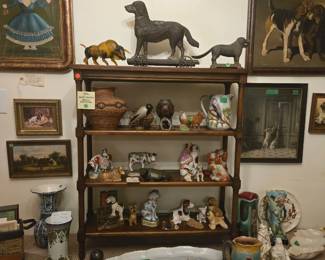 large tin 19th c pull toy and other dog figuratives