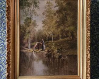 bucolic landscape on canvas w/original frame