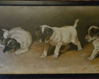 19thc oil on canvas of 4 puppies