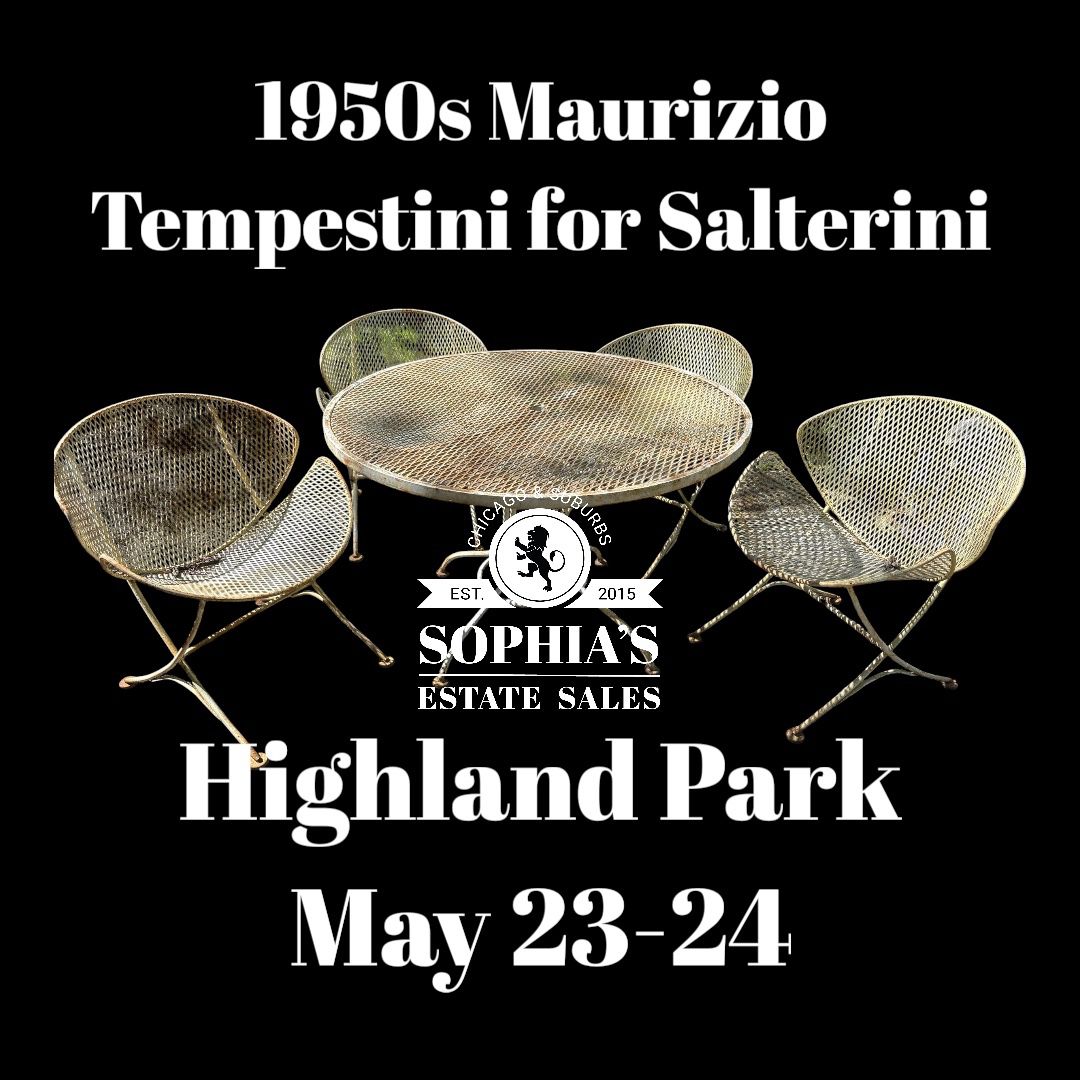 1950s Maurizio Tempestini for Salterini clamshell patio set: table with 4 chairs, 4 benches, and 2 occasional tables. They all need some restoration, but these are amazing and rare pieces. AVAILABLE FOR IMMEDIATE PURCHASE.