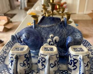vintage Asian decor, cloisonné, famille Rose export, and cute blue and white fish tea set