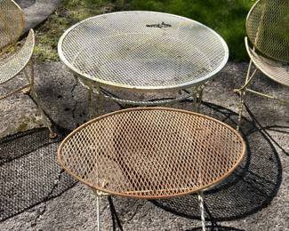 1950s Maurizio Tempestini for Salterini clamshell patio set: table with 4 chairs, 4 benches, and 2 occasional tables. They all need some restoration, but these are amazing and rare pieces. AVAILABLE FOR IMMEDIATE PURCHASE.
