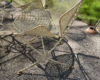 1950s Maurizio Tempestini for Salterini clamshell patio set: table with 4 chairs, 4 benches, and 2 occasional tables. They all need some restoration, but these are amazing and rare pieces. AVAILABLE FOR IMMEDIATE PURCHASE.