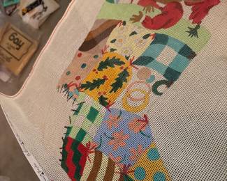 lots of vintage crafts from the 60s and 70s--needlepoint canvases, crewel kits, Persian wool for needlepoint, latch hook rug kits, painting kits, knitting supplies and more