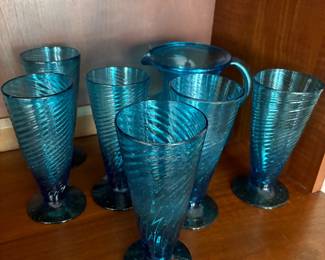 lots of vintage glasses and barware including this turquoise set and lots of Fenton