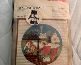 lots of vintage crafts from the 60s and 70s--needlepoint canvases, crewel kits, Persian wool for needlepoint, latch hook rug kits, painting kits, knitting supplies and more