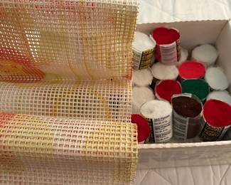 lots of vintage crafts from the 60s and 70s--needlepoint canvases, crewel kits, Persian wool for needlepoint, latch hook rug kits, painting kits, knitting supplies and more