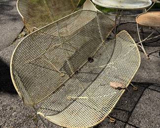 1950s Maurizio Tempestini for Salterini clamshell patio set: table with 4 chairs, 4 benches, and 2 occasional tables. They all need some restoration, but these are amazing and rare pieces. AVAILABLE FOR IMMEDIATE PURCHASE.
