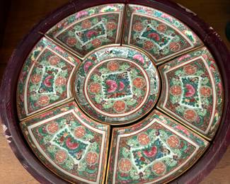 vintage Asian decor, cloisonné, famille Rose export, and cute blue and white fish tea set