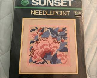 lots of vintage crafts from the 60s and 70s--needlepoint canvases, crewel kits, Persian wool for needlepoint, latch hook rug kits, painting kits, knitting supplies and more