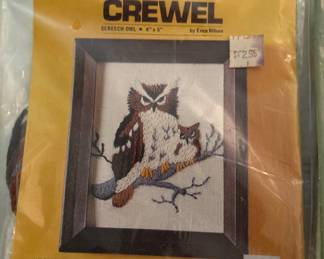 lots of vintage crafts from the 60s and 70s--needlepoint canvases, crewel kits, Persian wool for needlepoint, latch hook rug kits, painting kits, knitting supplies and more