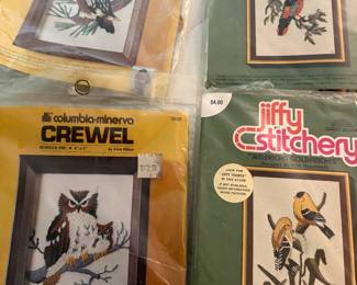 lots of vintage crafts from the 60s and 70s--needlepoint canvases, crewel kits, Persian wool for needlepoint, latch hook rug kits, painting kits, knitting supplies and more