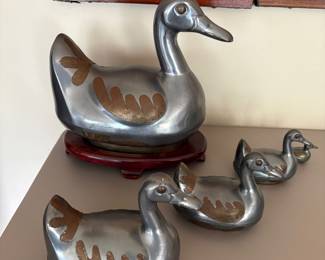 vintage pewter and brass set of duck shaped trinket boxes