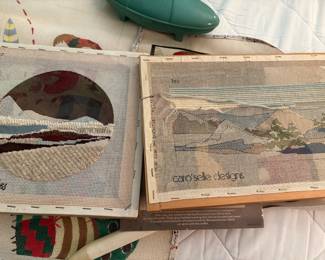 lots of vintage crafts from the 60s and 70s--needlepoint canvases, crewel kits, Persian wool for needlepoint, latch hook rug kits, painting kits, knitting supplies and more
