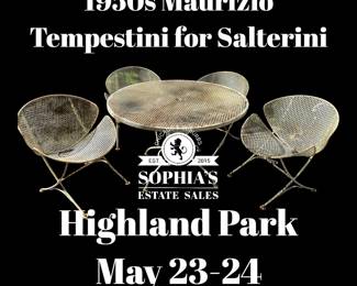 1950s Maurizio Tempestini for Salterini clamshell patio set: table with 4 chairs, 4 benches, and 2 occasional tables. They all need some restoration, but these are amazing and rare pieces. AVAILABLE FOR IMMEDIATE PURCHASE.