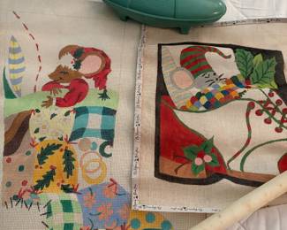 lots of vintage crafts from the 60s and 70s--needlepoint canvases, crewel kits, Persian wool for needlepoint, latch hook rug kits, painting kits, knitting supplies and more