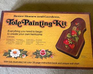 lots of vintage crafts from the 60s and 70s--needlepoint canvases, crewel kits, Persian wool for needlepoint, latch hook rug kits, painting kits, knitting supplies and more