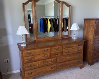 Oak dresser and triple mirror 