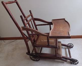 Victorian oak convertible high chair baby stroller with iron wheels