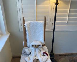 Wicker And Wood Side Chair, Floor Lamp, And A Friend