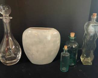 Flat Vase, Decanter And Cork Bottles