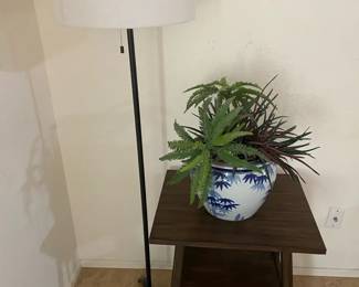 Nightstand, Floor Lamp And Planter