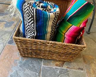 Two Native American Style Rugs And Wicker Basket