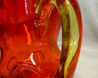 Amberina Crackle Glass Pitcher with Yellow Handle Style