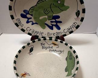 Hand-Painted Ceramic "Eat More Fish" Serving Platter and "The Big One Got Away" Bowl Set