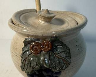 Stoneware Jam Jar with Grape Cluster and Wooden Spoon