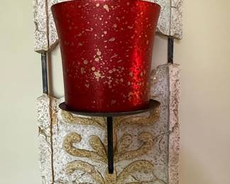 Red Speckled Glass Hurricane Candle Holder with Ornate Toleware Style Wall Sconce