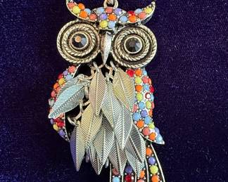 Eclectic Whimsical Owl Pendant with Multicolored Rhinestones