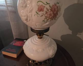 Gone With the Wind Style Opaline Glass Lamp with Floral Motif