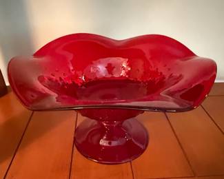 Murano Style Ruby Red Art Glass Pedestal Bowl with Applied Bubbles