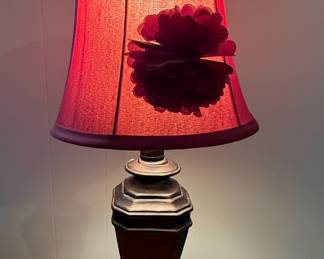 Hollywood Regency Style Table Lamp with Red Fabric Shade and Flower Accent