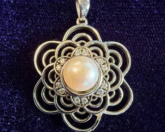 Sterling Silver Pearl and Diamond Pendant