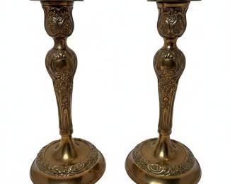 Ornate Brass Floral Repousse Candlesticks (Pair)