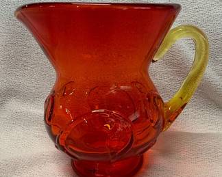 Amberina Crackle Glass Pitcher with Yellow Handle Style