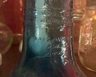 Vintage Blue Glass Embossed Liberty Bell Bottle