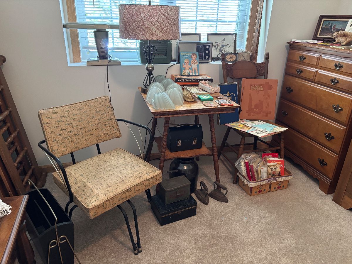 Viko swivel chair, Art Deco slip shade sconce (6 total) and Atomic-age items